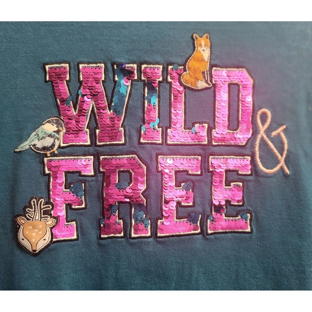 Eddie Bauer Kids Long Sleeve T Shirt Wild Free Fox Deer Bird Sequins Size XL 16‎